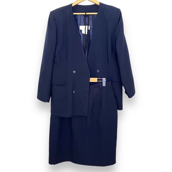 Navy Vintage 80s Ribbed Matching Blazer & Skirt Set - Picture 3 of 13
